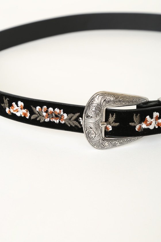 Black Suede Belt - Boho Western Belt - Floral Embroidered Belt - Lulus