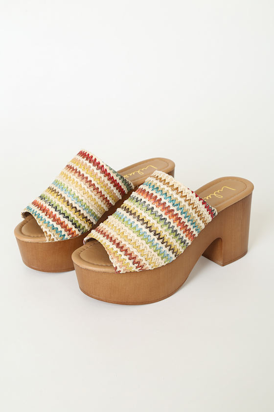 Beige Woven Raffia Mules - Trendy Platform Mules - Peep-Toe Heels - Lulus