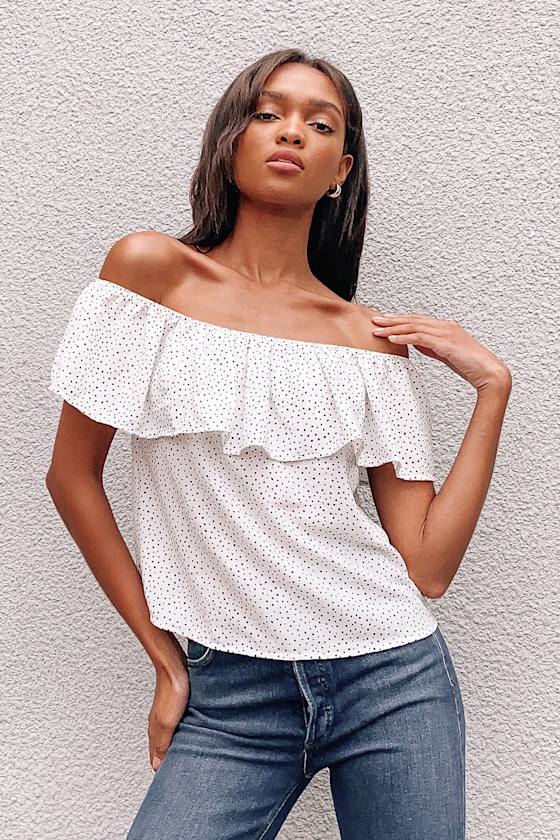 white polka dot off the shoulder top