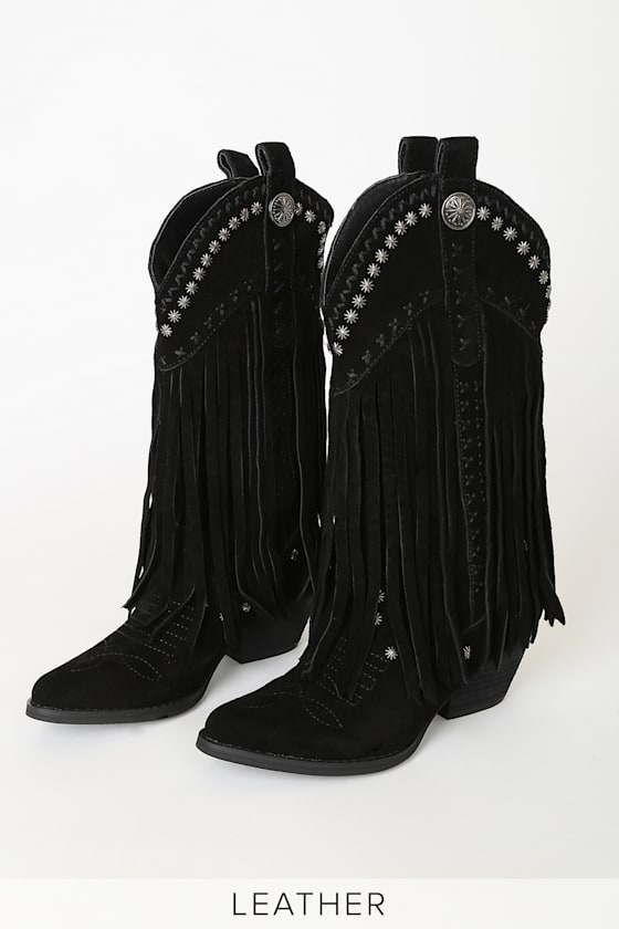 Very Volatile Barrow Black Cowboy Boots Fringe Boots Lulus