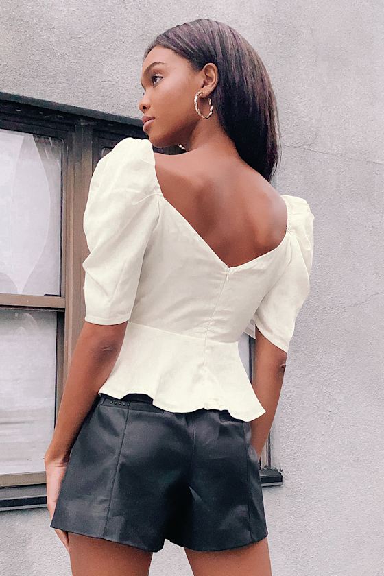 Living Lavishly Ivory Puff Sleeve Peplum Top 4