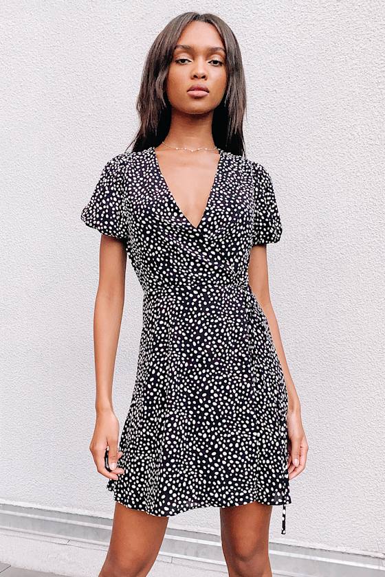 Your Favorite One Black Dot Print Puff Sleeve Wrap Mini Dress 6