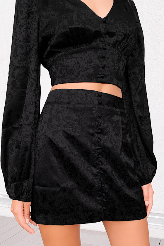 In a Mood Black Satin Jacquard Button-Front Mini Skirt 7