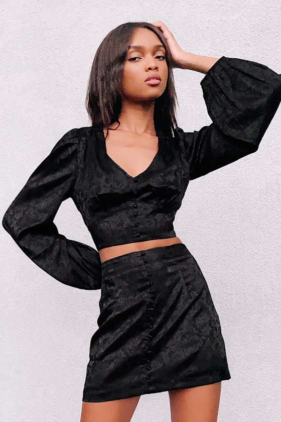 In a Mood Black Satin Jacquard Long Sleeve Button-Front Crop Top 5
