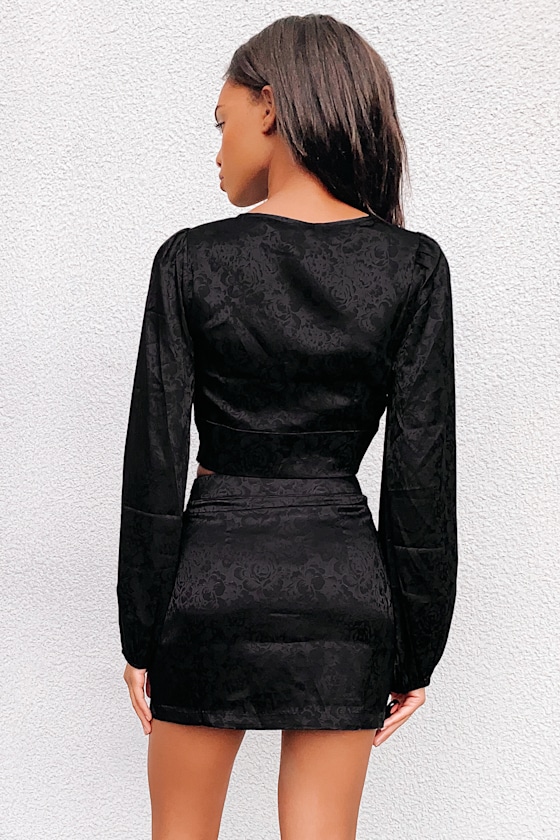 In a Mood Black Satin Jacquard Long Sleeve Button-Front Crop Top 6