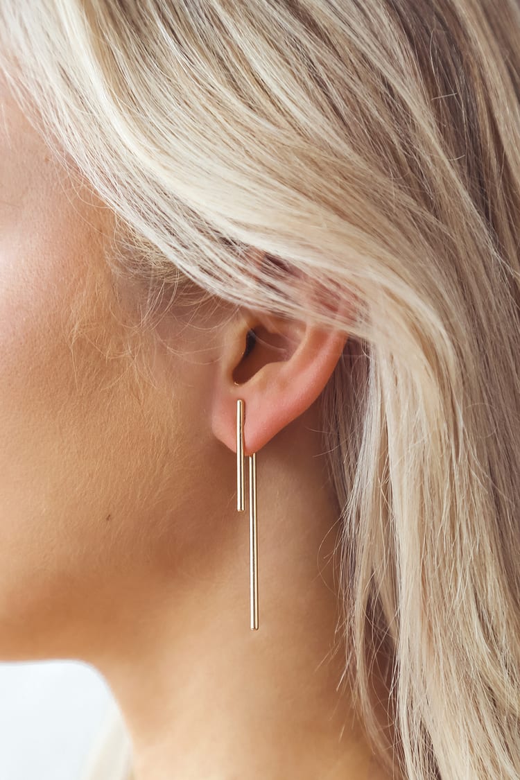 Gold Earrings - Minimalist Earrings - Bar Pendant Earrings - Lulus
