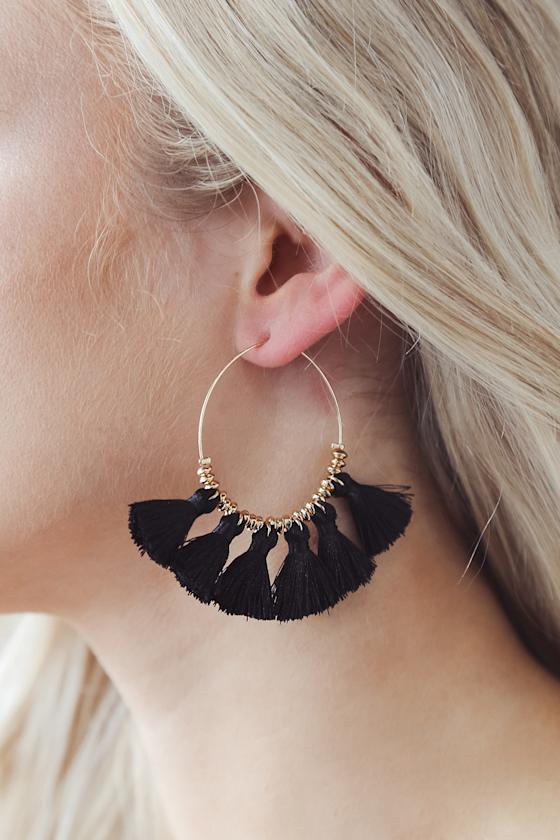 Gold and Black Hoop Earrings - Fringe Earrings - Tassel Earrings - Lulus