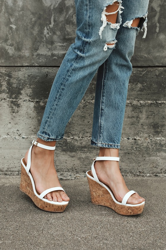 Cute White Wedges - Cork Wedge Sandals - Faux Leather Sandals - Lulus