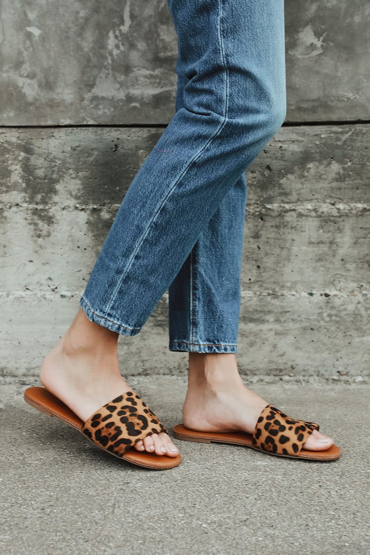 Leopard Slide Sandals - Suede Sandals - Vegan Leather Sandals - Lulus