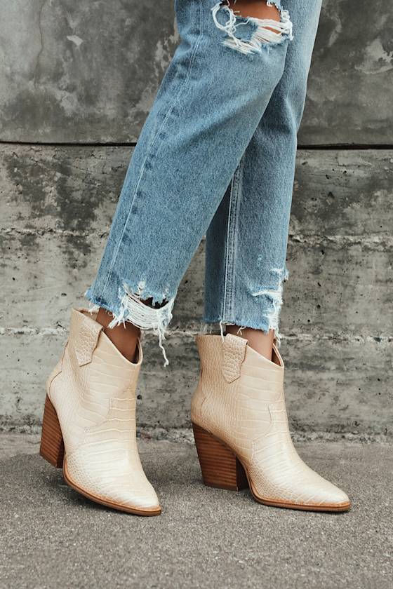 Bonnie Beige Crocodile-Embossed Pointed-Toe Ankle Boots 1