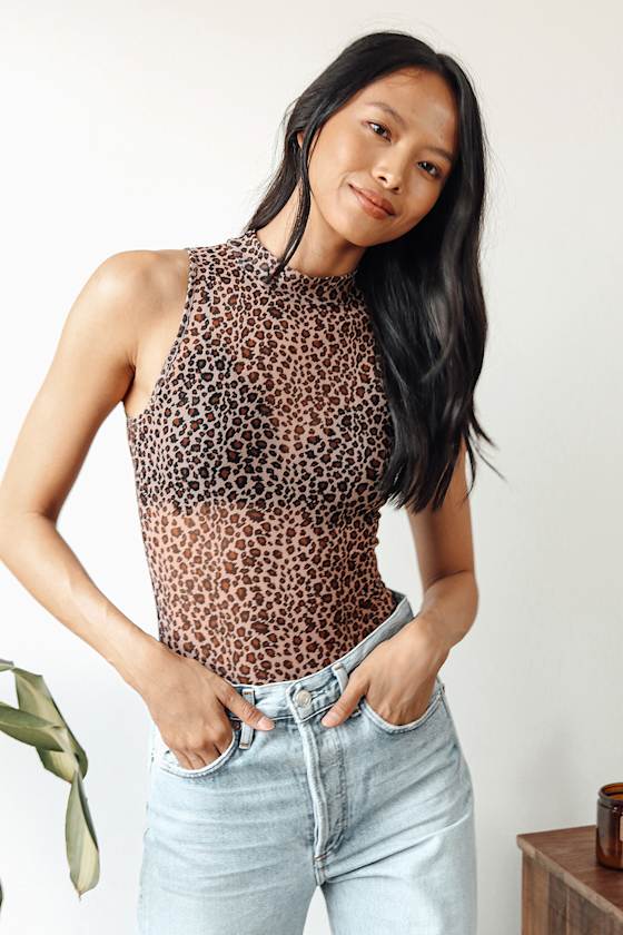 Tan Leopard Print Bodysuit Mesh Bodysuit Mock Neck Bodysuit Lulus