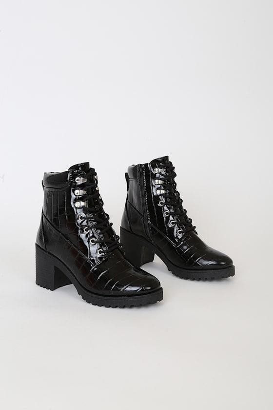 black croc lace up ankle boots