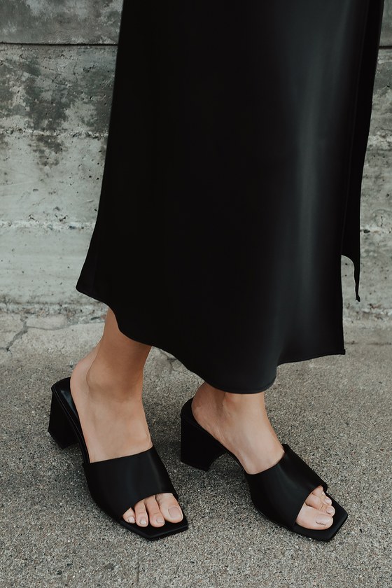 Trendy Black High Heels - Satin Peep-Toe Mules - Square Toe Heels - Lulus