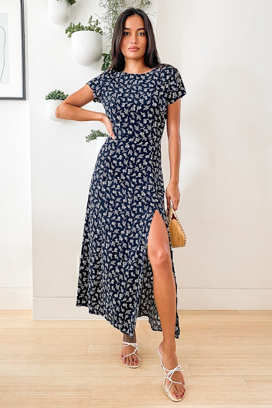 New Desires Navy Blue Floral Print Backless Maxi Dress 5