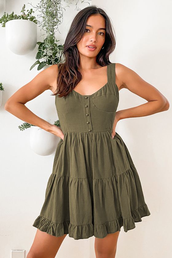 Good to Be Here Olive Green Tiered Mini Dress 5