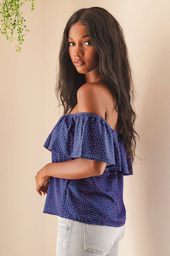 Sunshine Skies Blue Polka Dot Off-the-Shoulder Top 6