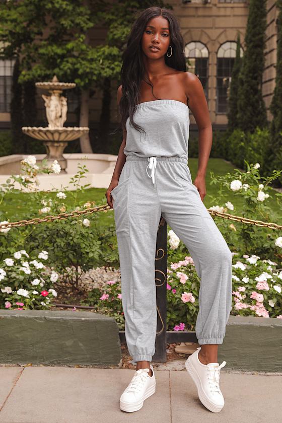 Chill-Worthy Heather Grey Strapless Drawstring Jumpsuit 4