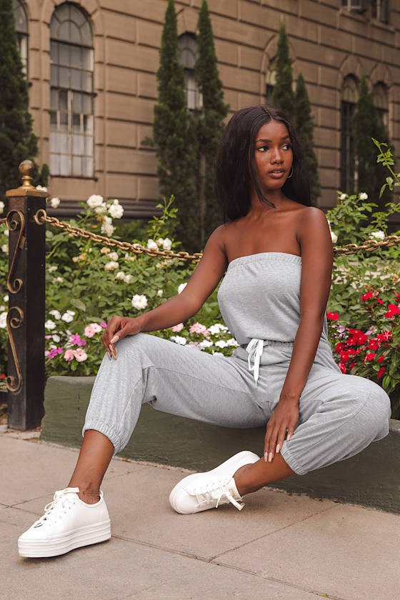 Chill-Worthy Heather Grey Strapless Drawstring Jumpsuit 7