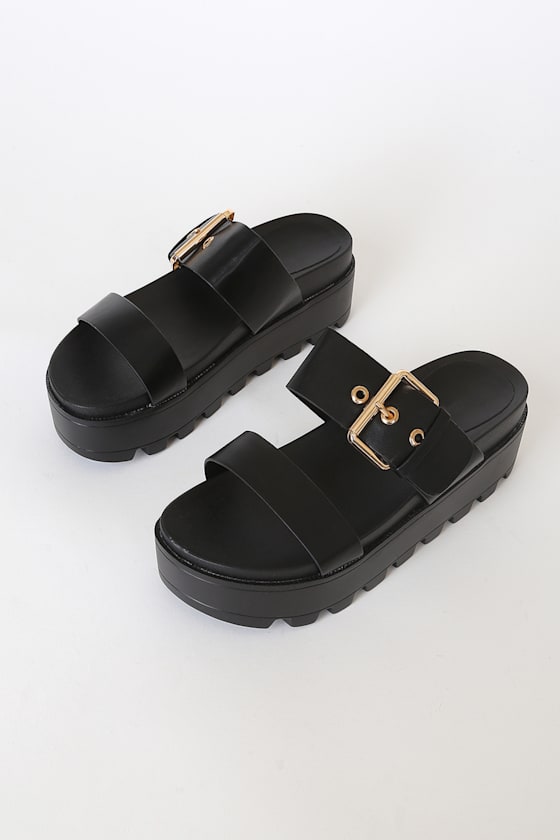 Black Platform Sandals - Vegan Leather Sandals - Buckle Sandals - Lulus