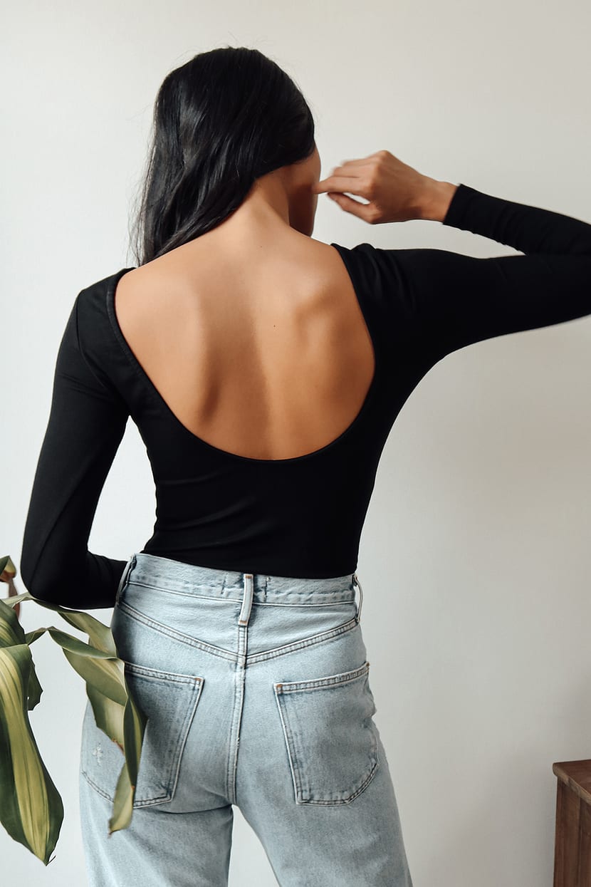 Graciously Yours Black Long Sleeve Scoop Back Bodysuit
