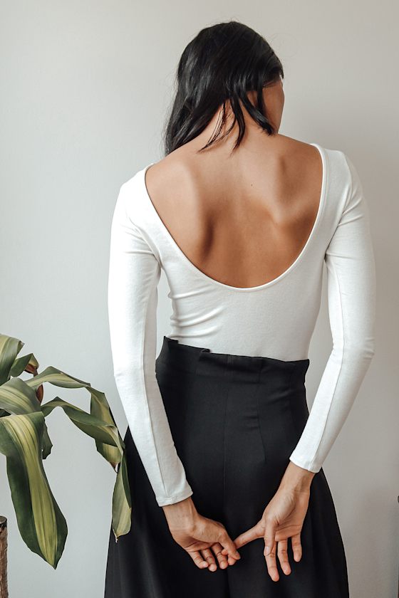 Graciously Yours White Long Sleeve Scoop Back Bodysuit 8