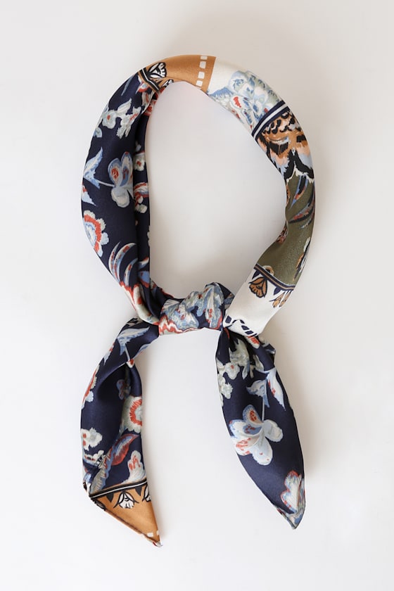 Great Escape Navy Blue Multi Floral Print Satin Scarf 3