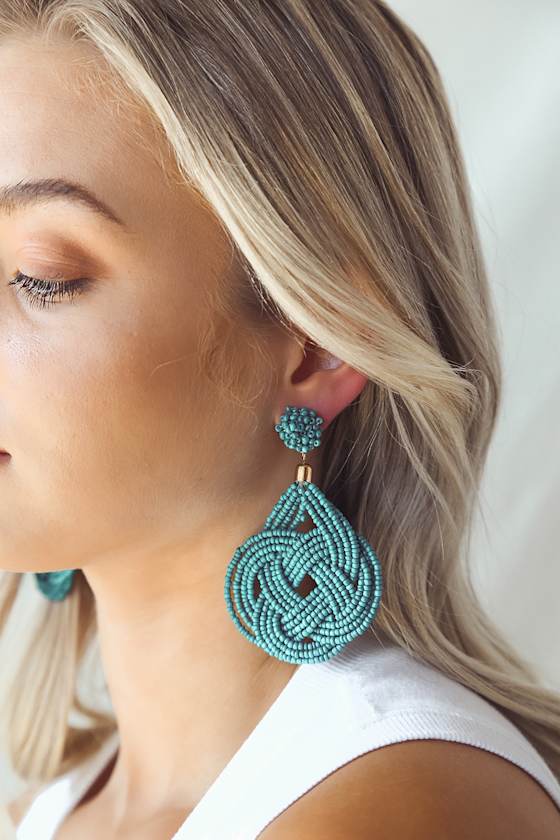 Teal Earrings Statement Earrings Beaded Knot Earrings Lulus