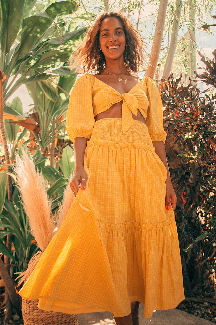 Yellow 2-Piece Dress - Tie-Front Dress - Ruffled Midi Dress - Lulus