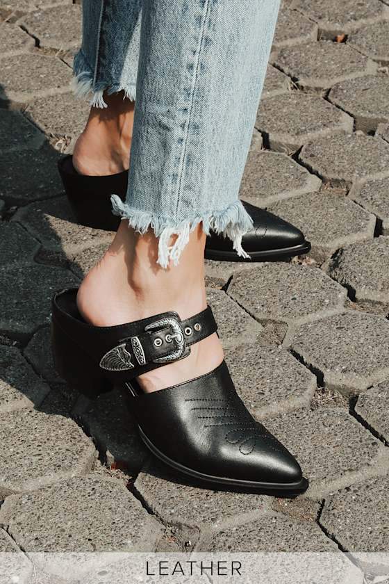 Celia-LL Black Leather Pointed-Toe Mules 5