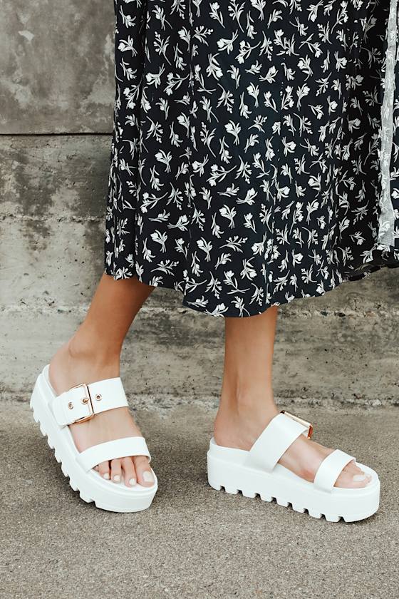 White Platform Sandals Vegan Leather Sandals Buckle Sandals Lulus