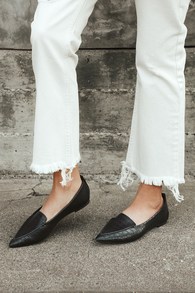 Emmy Black Crocodile-Embossed Pointed Loafers