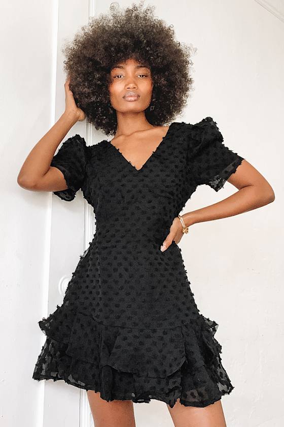 Puff Sleeve Mini Dress - Swiss Dot Dress - Ruffled Mini Dress - Lulus