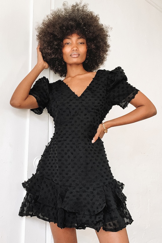 Magnificence Black Swiss Dot Puff Sleeve Ruffled Mini Dress