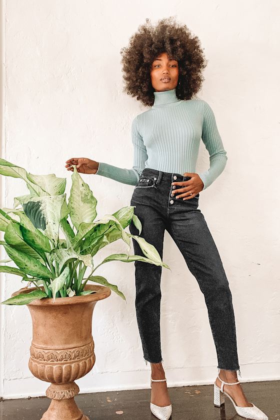 The Original Washed Black Denim Raw Hem High Rise Mom Jeans 1