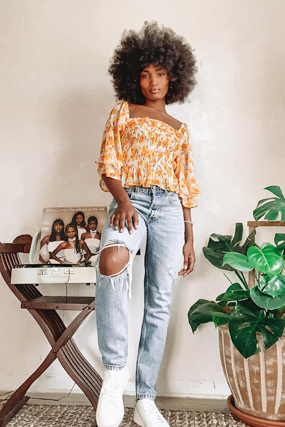 Sweet Feelings Orange Floral Print Ruffled Off-the-Shoulder Top 6