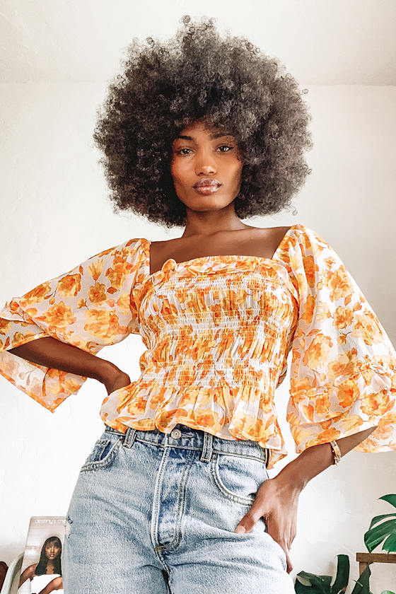 Sweet Feelings Orange Floral Print Ruffled Off-the-Shoulder Top 7
