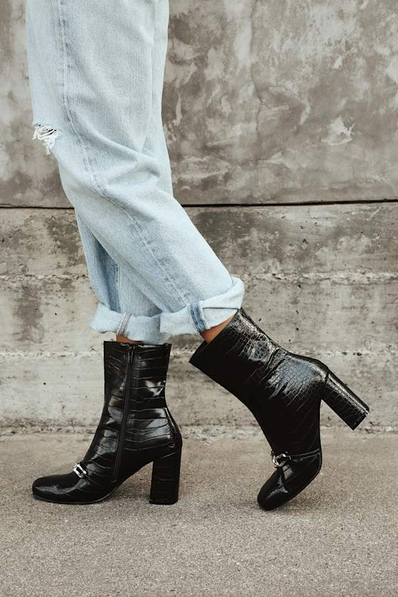 Black Crocodile Boots - Trendy Mid Calf Boots - Square Toe Boots - Lulus