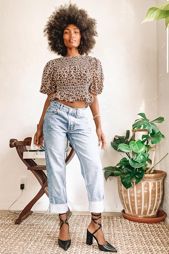 XOXO Beige Leopard Print Smocked Puff Sleeve Top 6