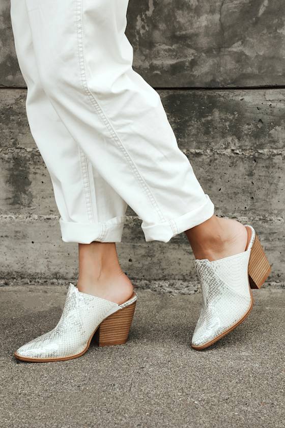 Beaute Cream and Silver Snake Pointed-Toe Mules 1