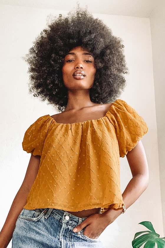 All Around Me Mustard Yellow Swiss Dot Off-the-Shoulder Top