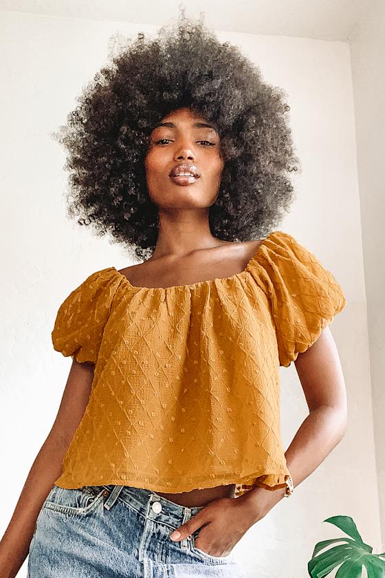 Mustard Yellow Top OfftheShoulder Top Cute Puff Sleeve Top Lulus
