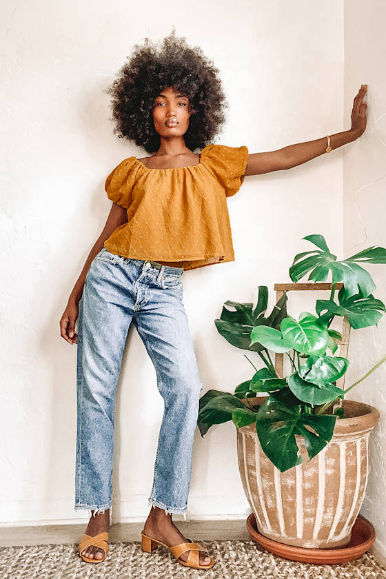 All Around Me Mustard Yellow Swiss Dot Off-the-Shoulder Top All Around Me Mustard Yellow Swiss Dot Off-the-Shoulder Top