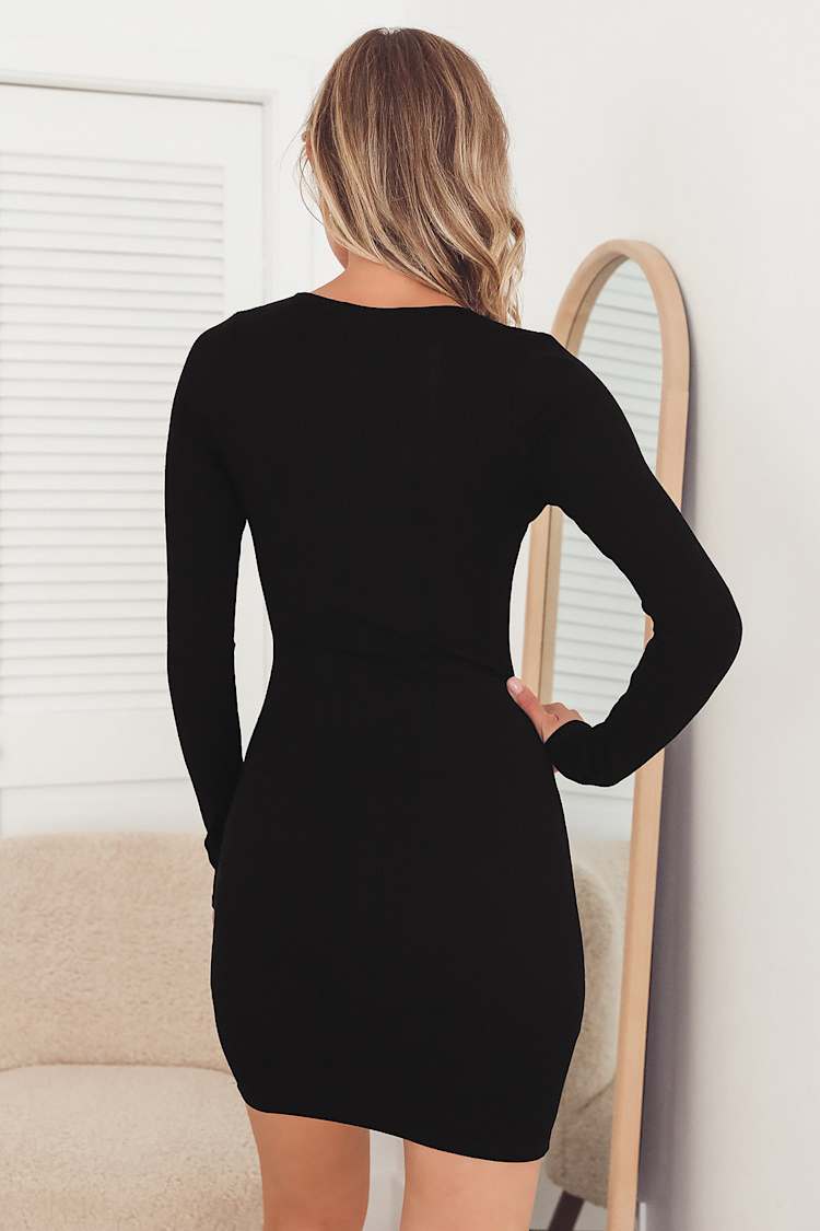 slim fit dress slacks ECB Exclusive: Little Black Ribbed Cutout Slit Long Sleeve Dress, Black XL main image 0