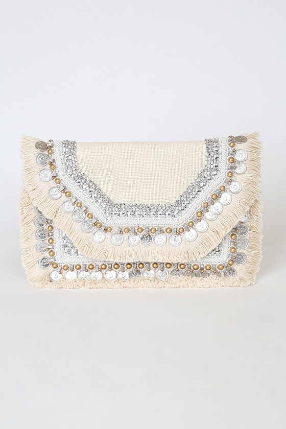Dreamteam Bronze and Beige Beaded Coin Envelope Clutch 5