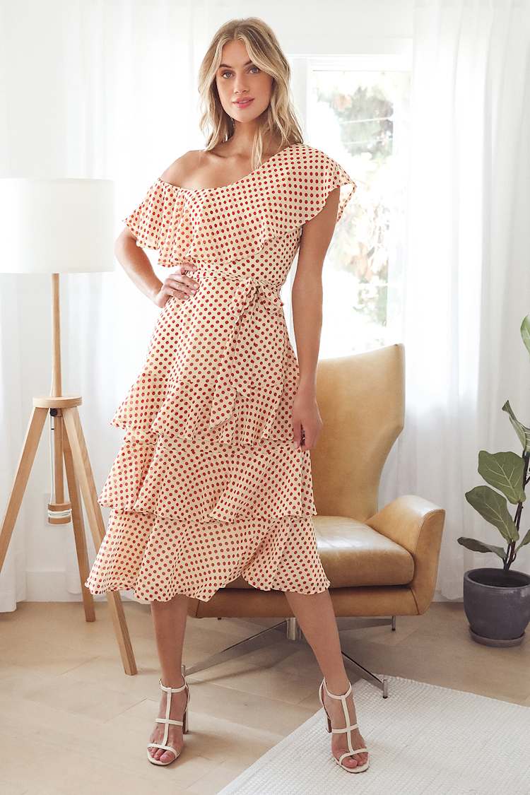 Cream Polka Dot Dress - One-Shoulder Dress - Tiered Midi Dress - Lulus