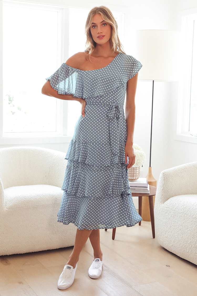 Blue Polka Dot Dress - One-Shoulder Dress - Tiered Midi Dress - Lulus