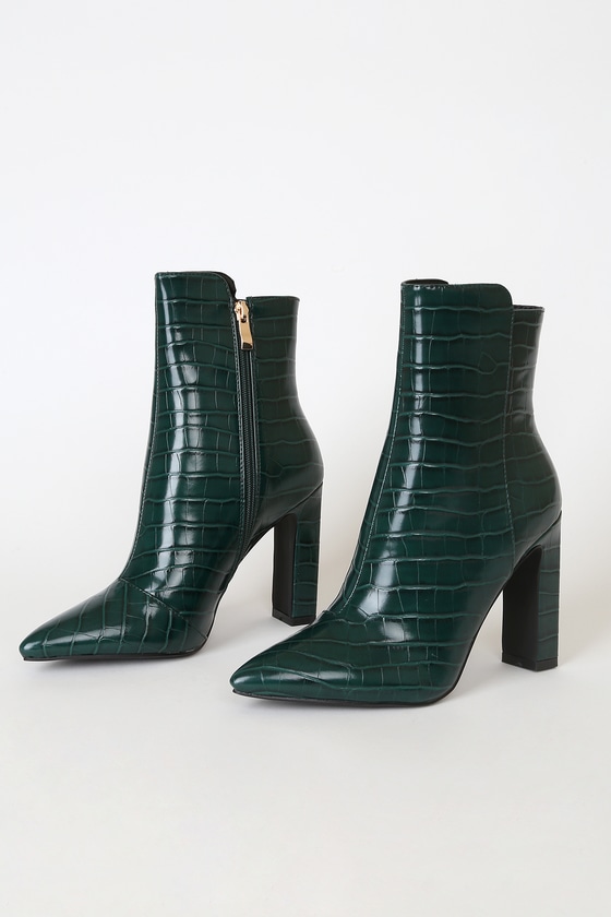 Billini Apollo Green Croc - Pointed-Toe Booties - Mid-Calf Boots - Lulus