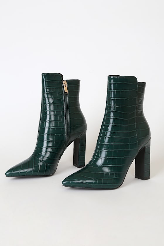 Apollo Green Crocodile-Embossed Pointed-Toe Mid-Calf Boots 3