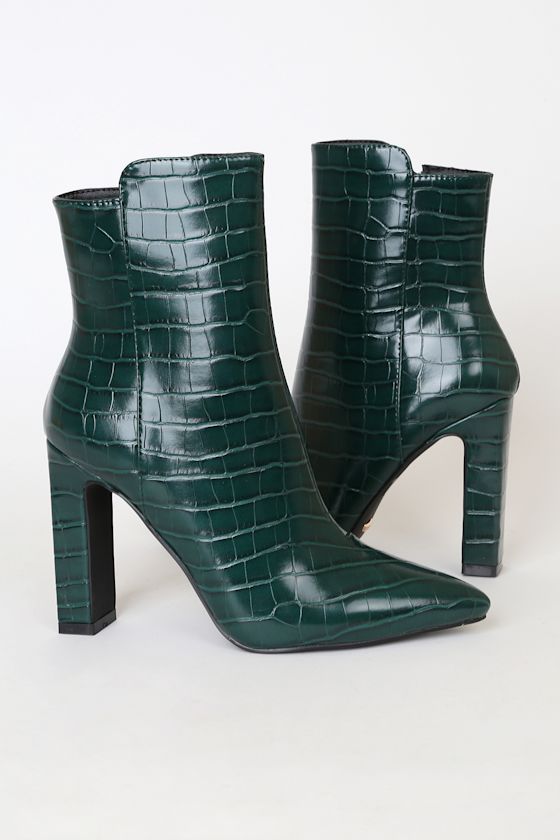 Apollo Green Crocodile-Embossed Pointed-Toe Mid-Calf Boots 2