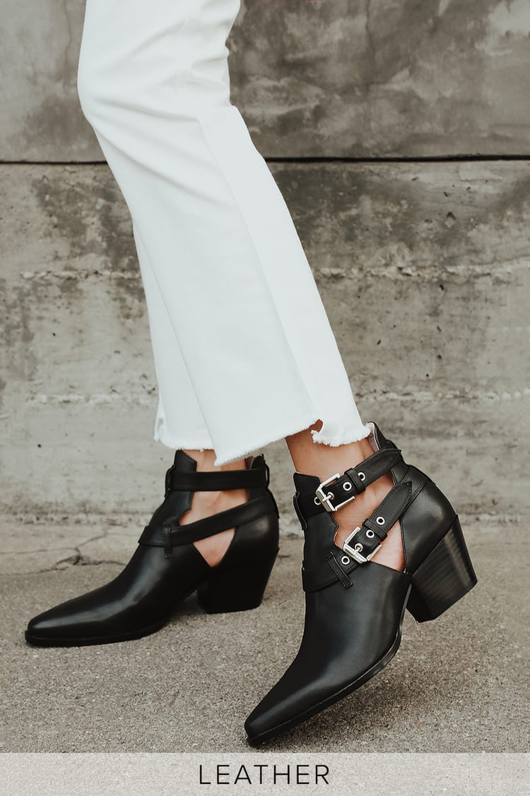 Brenda Black Leather Pointed-Toe Cutout Ankle Booties